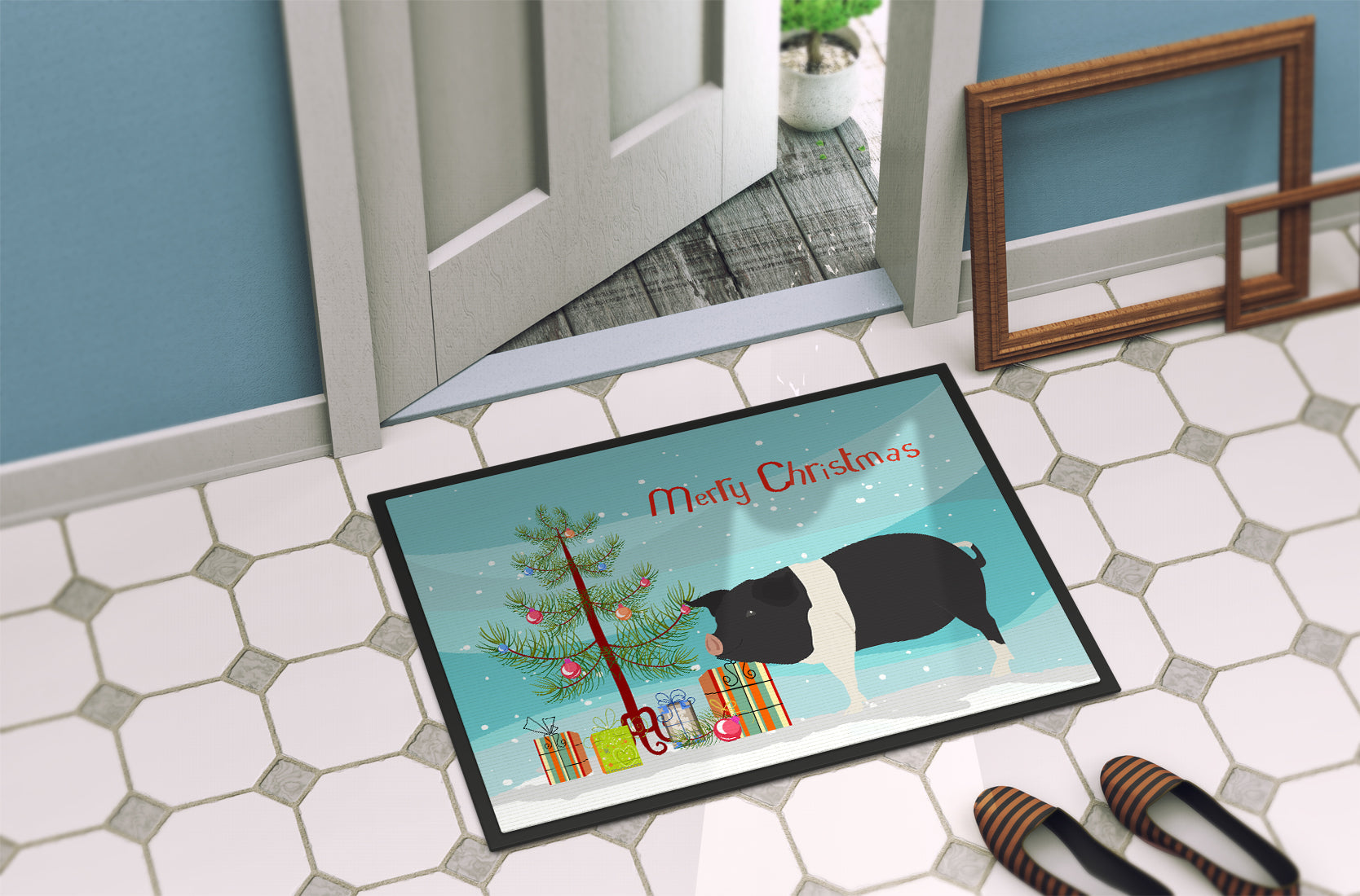 Hampshire Pig Christmas Doormat Indoor Outdoor 24H X 36W Front Door Mat Rugs for Entryway, Non Slip Washable Low Pile,