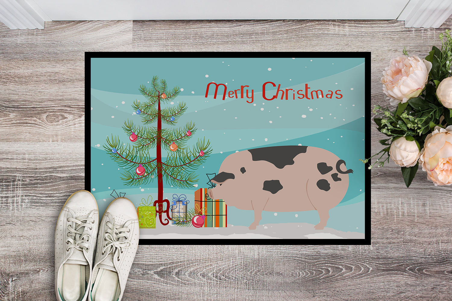 Gloucester Old Spot Pig Christmas Doormat Indoor Outdoor 18H X 27W Front Door Mat Rugs for Entryway, Non Slip Washable