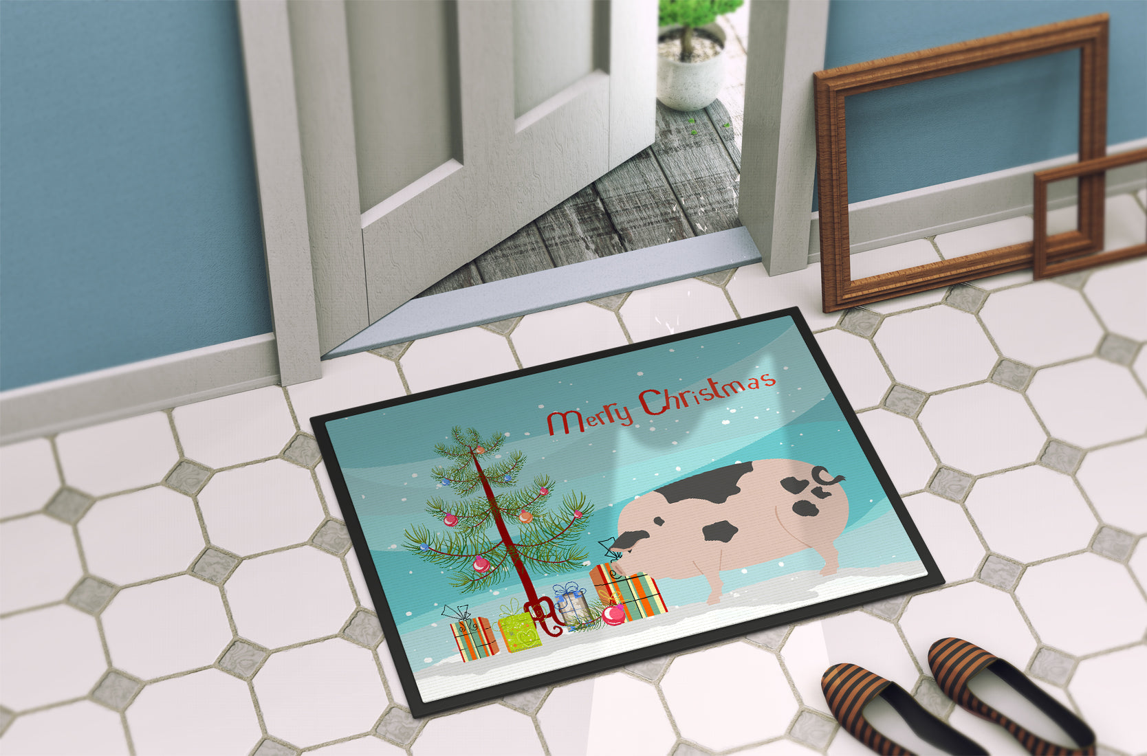 Gloucester Old Spot Pig Christmas Doormat Indoor Outdoor 18H X 27W Front Door Mat Rugs for Entryway, Non Slip Washable