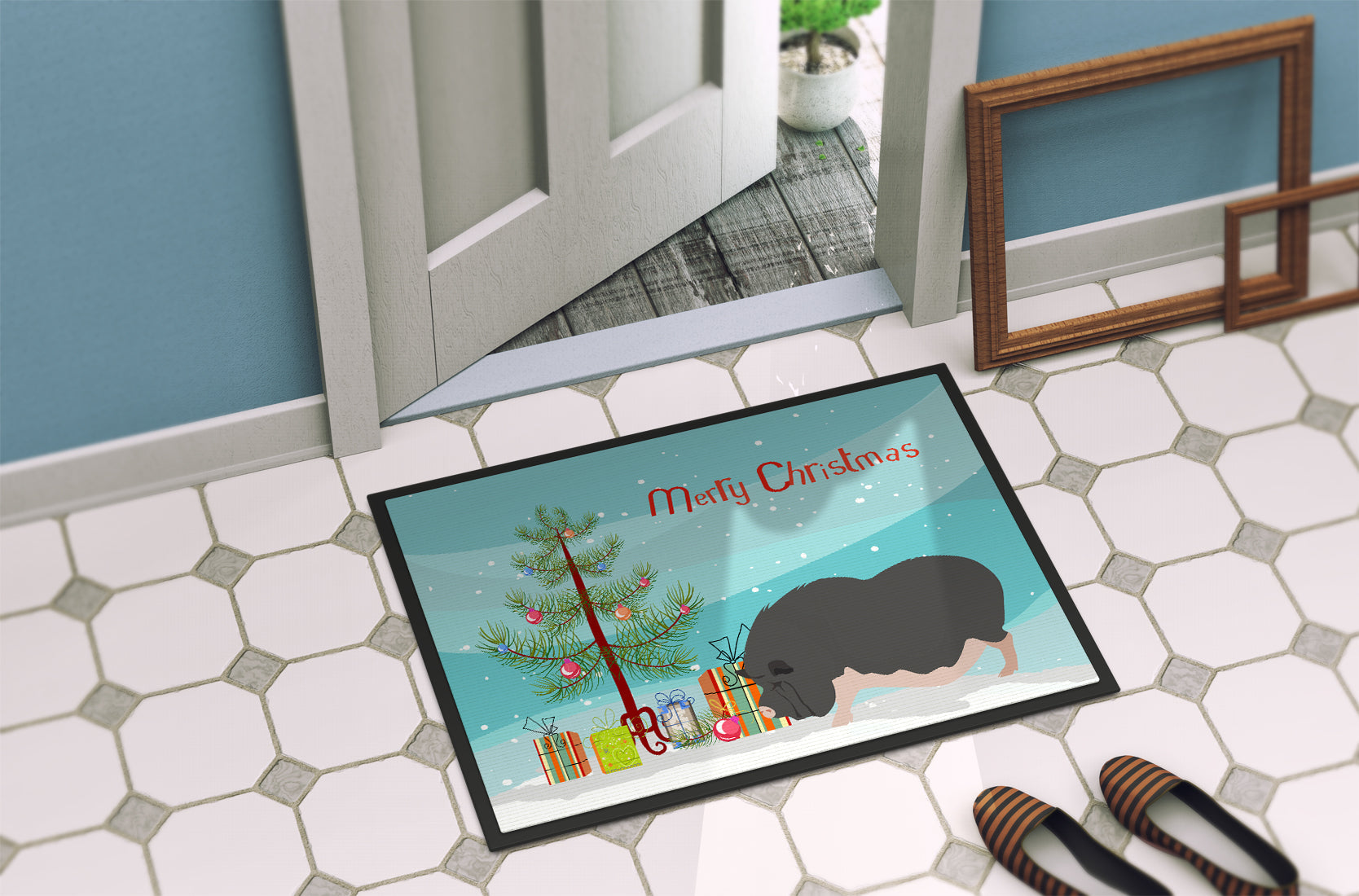 Vietnamese Pot-Bellied Pig Christmas Doormat Indoor Outdoor 24H X 36W Front Door Mat Rugs for Entryway, Non Slip Washable Low Pile,