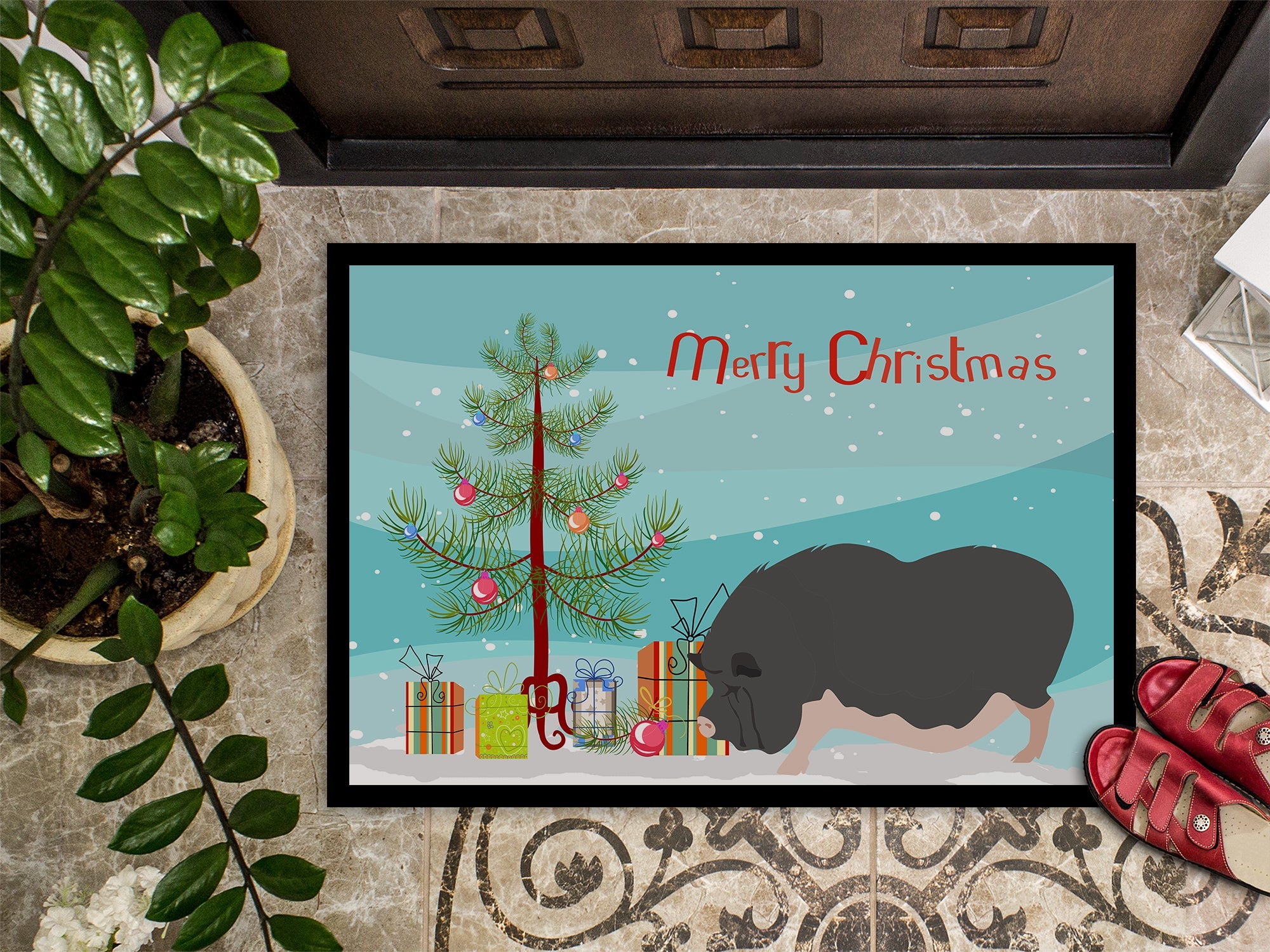 Vietnamese Pot-Bellied Pig Christmas Doormat Indoor Outdoor 18H X 27W Front Door Mat Rugs for Entryway, Non Slip Washable
