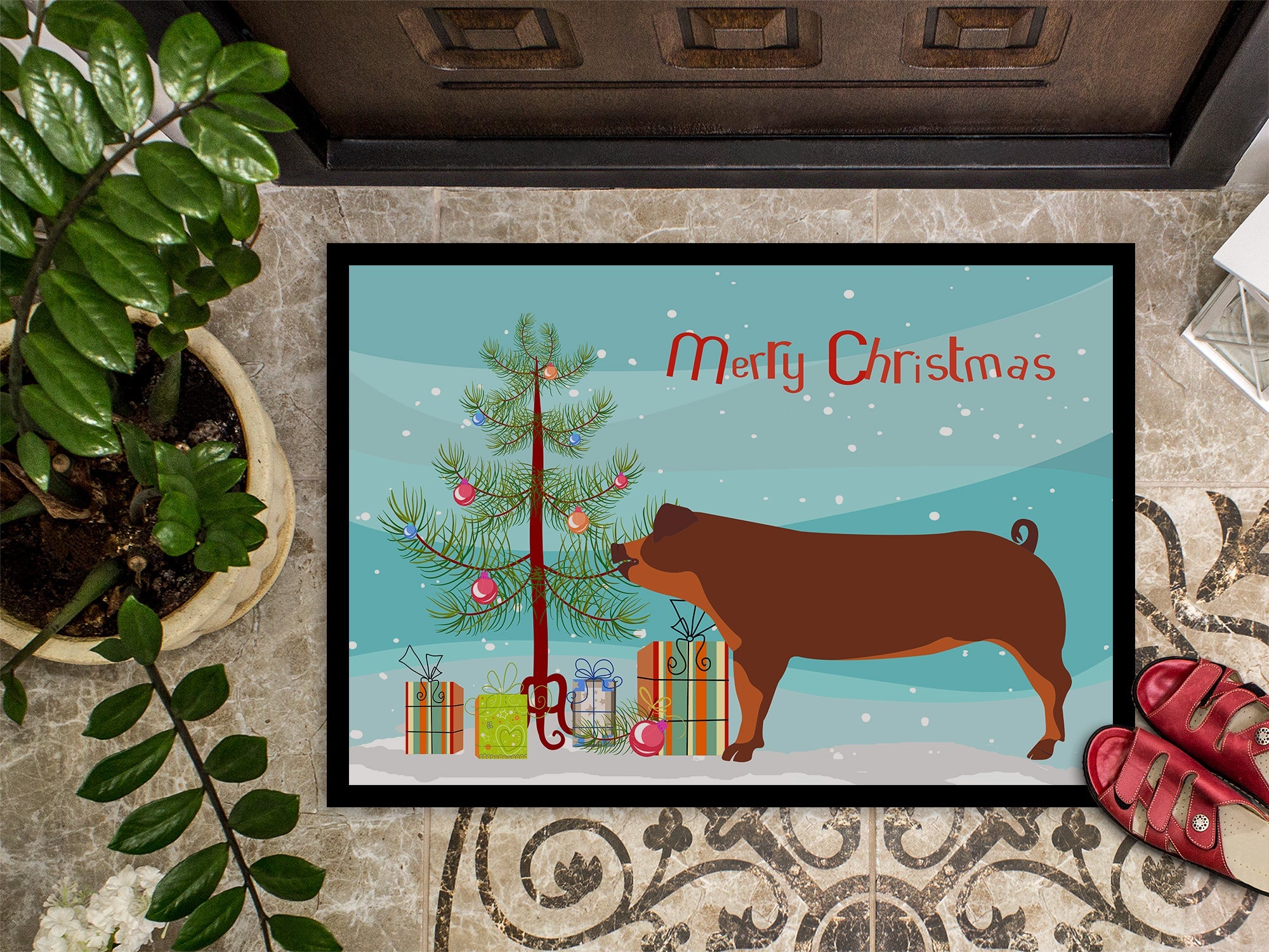 Duroc Pig Christmas Doormat Indoor Outdoor 18H X 27W Front Door Mat Rugs for Entryway, Non Slip Washable