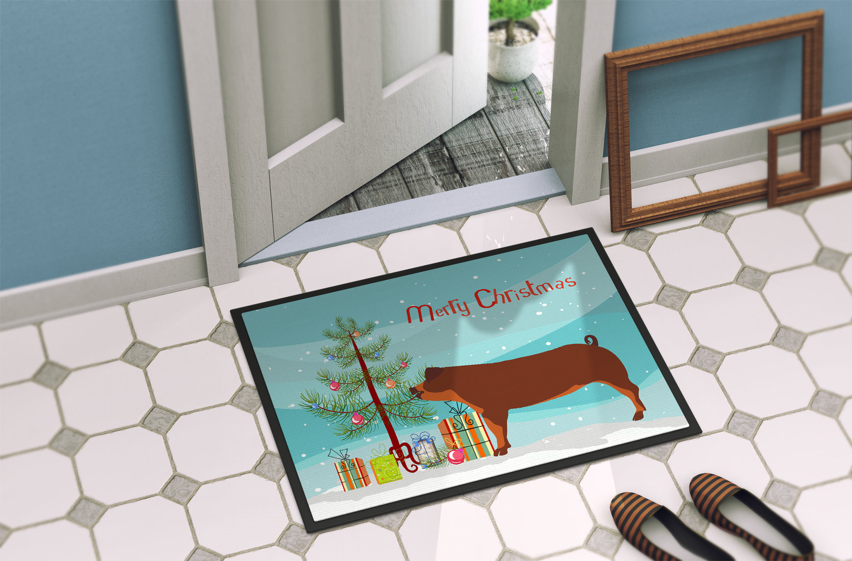 Duroc Pig Christmas Doormat Indoor Outdoor 18H X 27W Front Door Mat Rugs for Entryway, Non Slip Washable