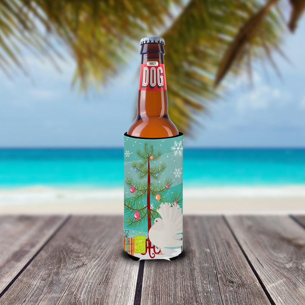 Silver Fantail Pigeon Christmas Slim Can Hugger , Insulated Foam Hugger for 12 oz Slim Cans, Beer Bottles & Water Bottles, Printed in USA