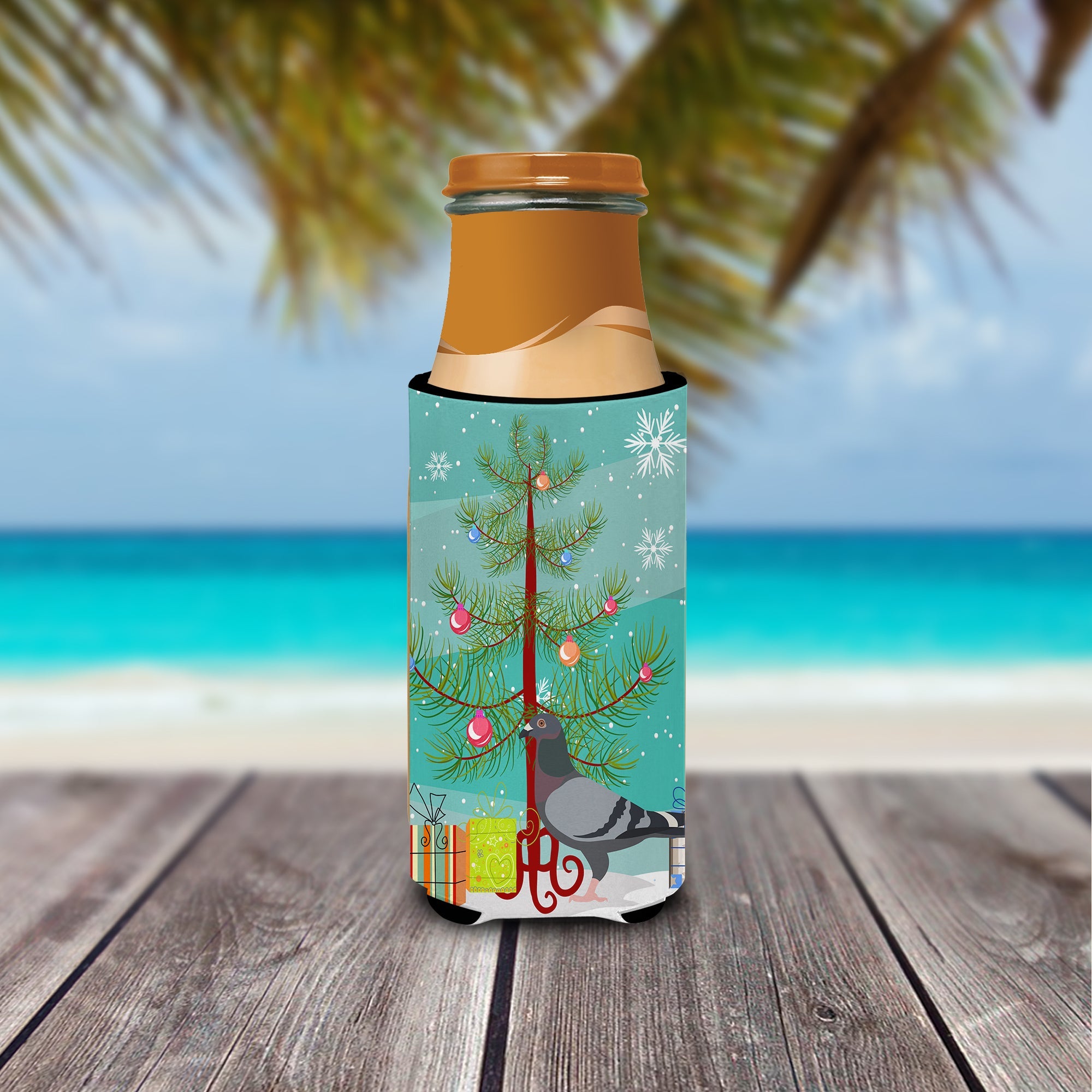 Racing Pigeon Christmas Slim Can Hugger , Insulated Foam Hugger for 12 oz Slim Cans, Beer Bottles & Water Bottles, Printed in USA