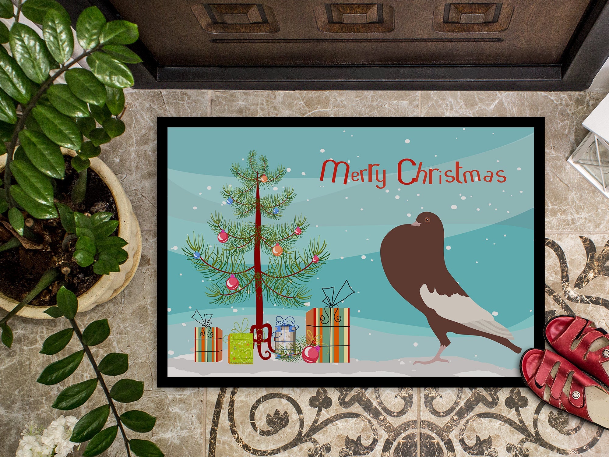 English Pouter Pigeon Christmas Doormat Indoor Outdoor 24H X 36W Front Door Mat Rugs for Entryway, Non Slip Washable Low Pile,