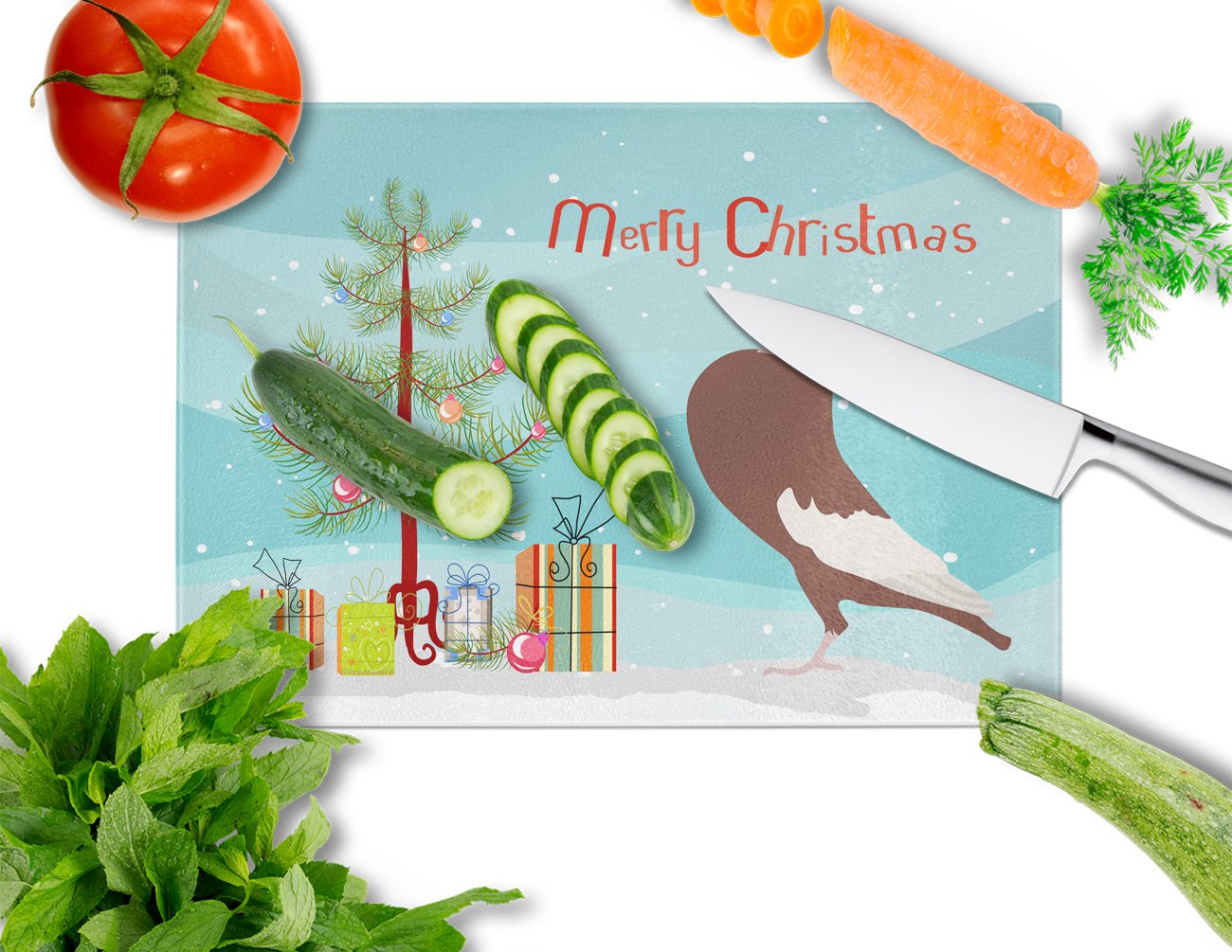 English Pouter Pigeon Christmas Cutting Board Tempered Glass Kitchen Cutting Surface, Heat Resistant Chopping, Non-Slip Feet, Food Prep & Serving