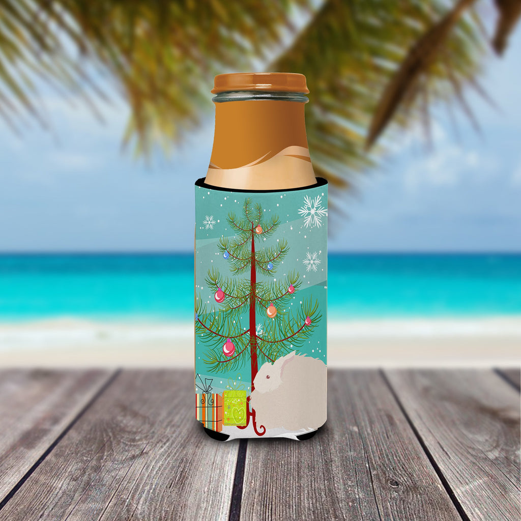 Fluffy Angora Rabbit Christmas Slim Can Hugger , Insulated Foam Hugger for 12 oz Slim Cans, Beer Bottles & Water Bottles, Printed in USA