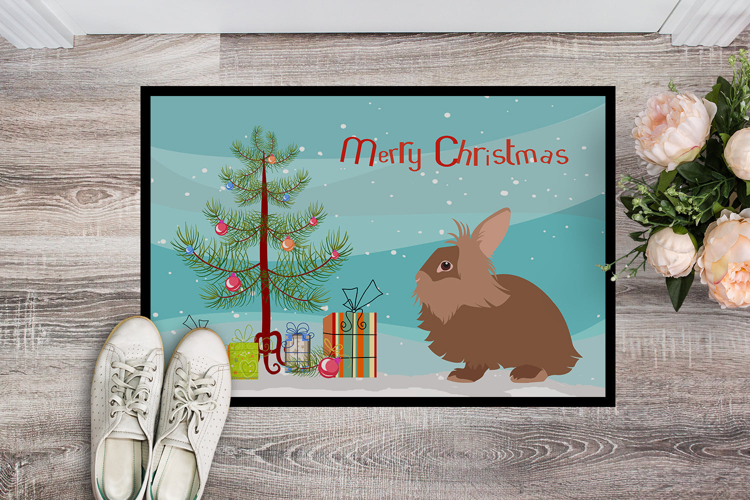 Lionhead Rabbit Christmas Doormat Indoor Outdoor 18H X 27W Front Door Mat Rugs for Entryway, Non Slip Washable