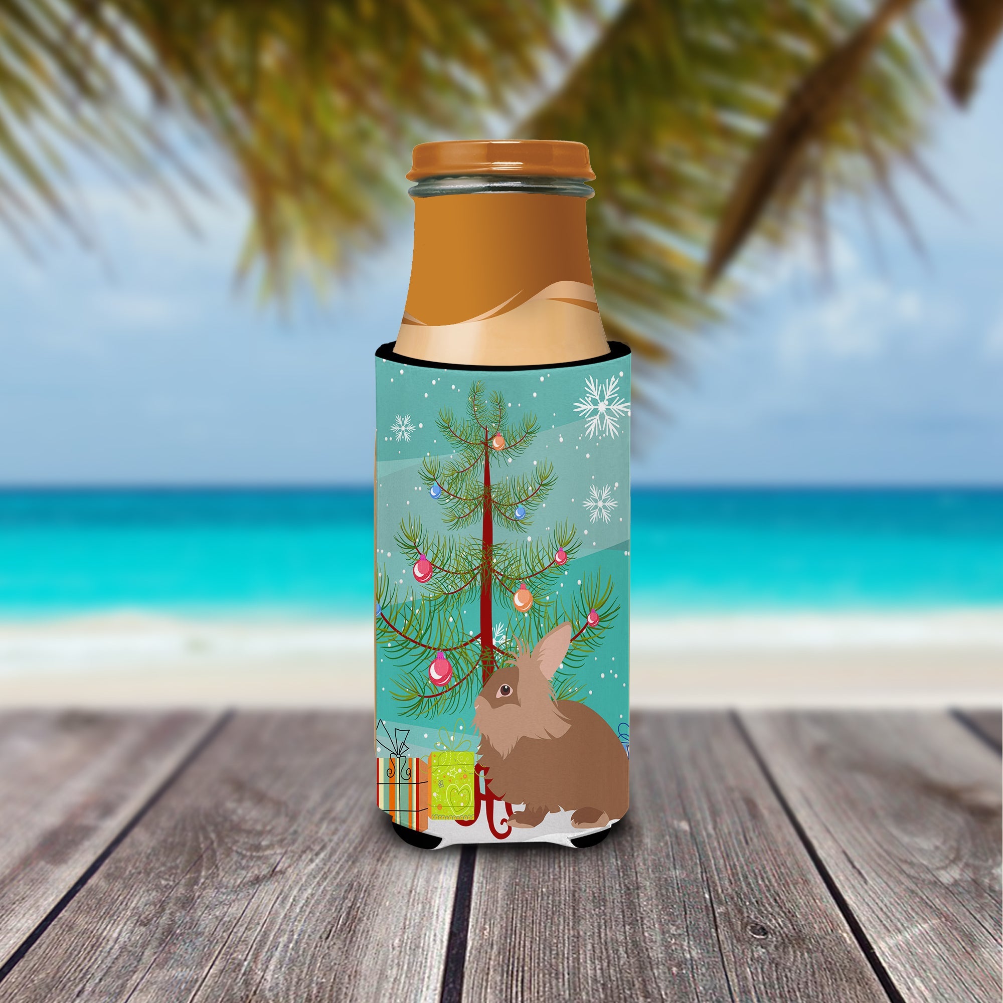 Lionhead Rabbit Christmas Slim Can Hugger , Insulated Foam Hugger for 12 oz Slim Cans, Beer Bottles & Water Bottles, Printed in USA