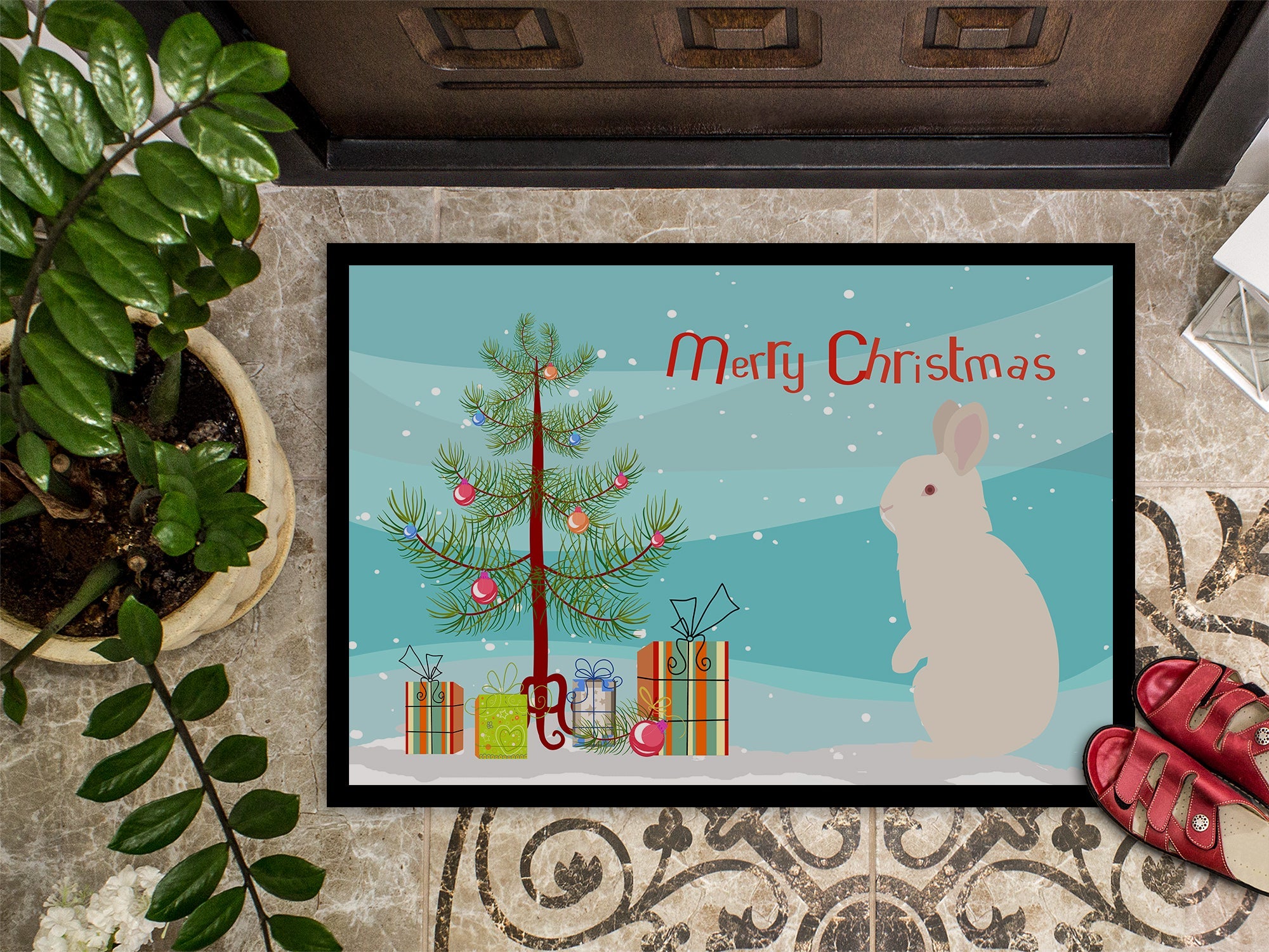 New Zealand White Rabbit Christmas Doormat Indoor Outdoor 24H X 36W Front Door Mat Rugs for Entryway, Non Slip Washable Low Pile,