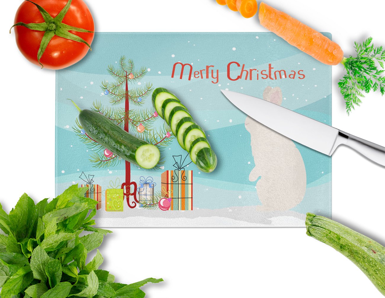 New Zealand White Rabbit Christmas Cutting Board Tempered Glass Kitchen Cutting Surface, Heat Resistant Chopping, Non-Slip Feet, Food Prep & Serving