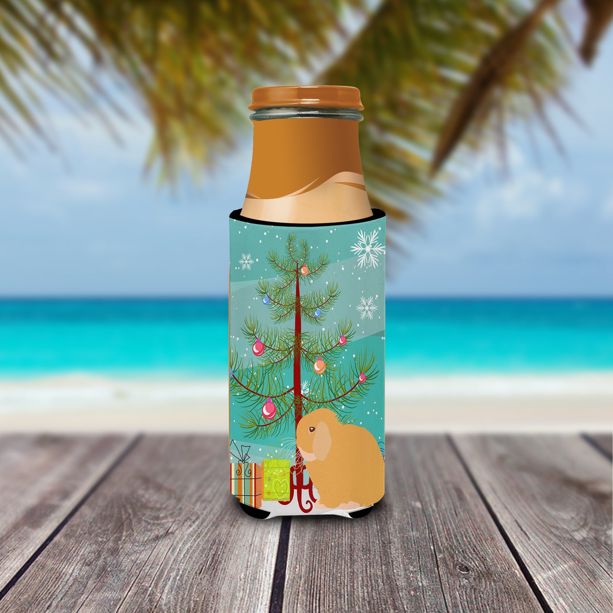 Holland Lop Rabbit Christmas Slim Can Hugger , Insulated Foam Hugger for 12 oz Slim Cans, Beer Bottles & Water Bottles, Printed in USA