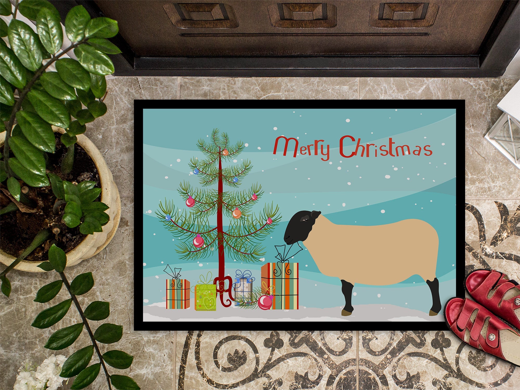 Suffolk Sheep Christmas Doormat Indoor Outdoor 24H X 36W Front Door Mat Rugs for Entryway, Non Slip Washable Low Pile,