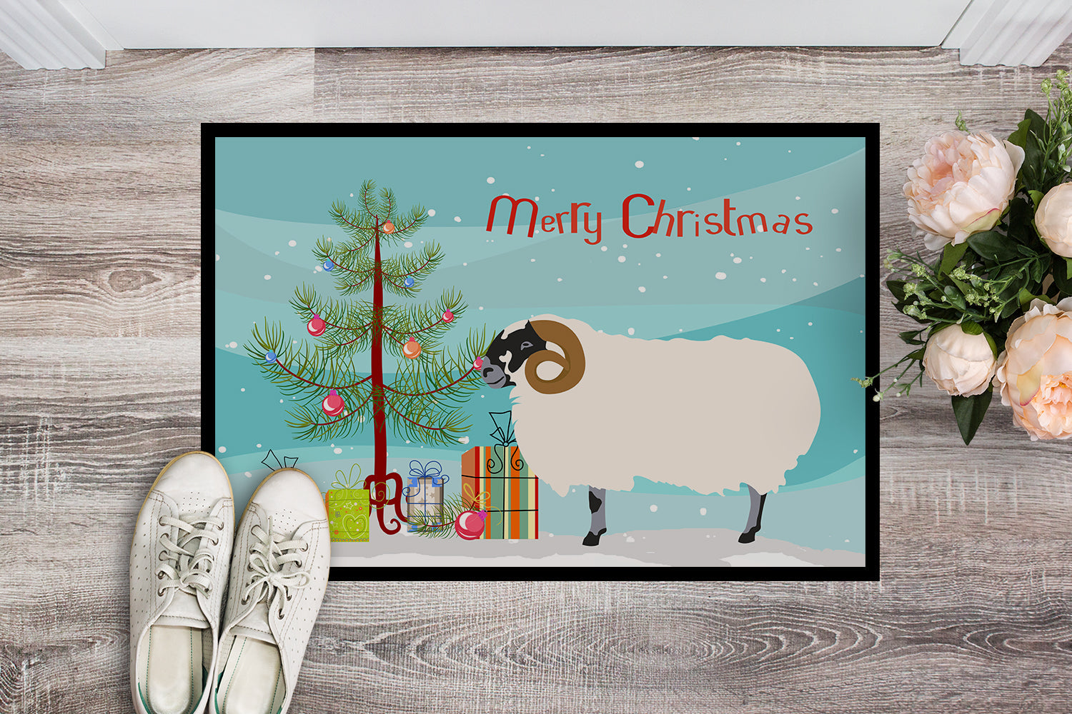 Scottish Blackface Sheep Christmas Doormat Indoor Outdoor 24H X 36W Front Door Mat Rugs for Entryway, Non Slip Washable Low Pile,