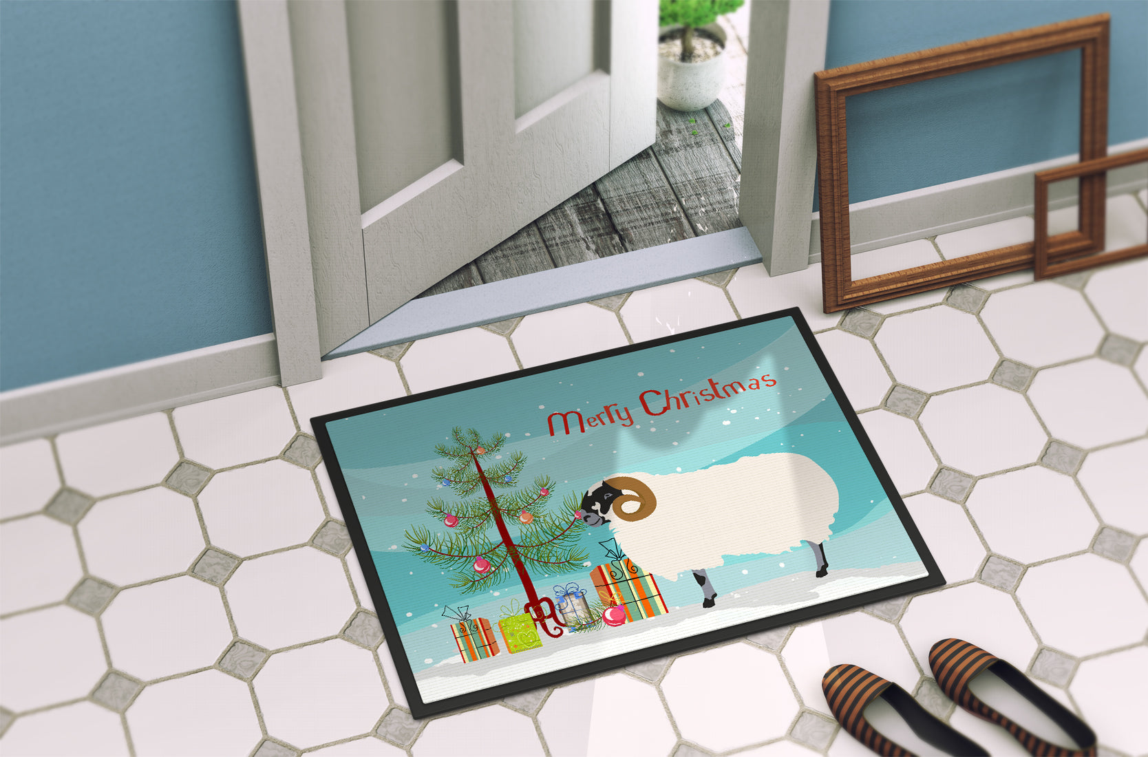 Scottish Blackface Sheep Christmas Doormat Indoor Outdoor 24H X 36W Front Door Mat Rugs for Entryway, Non Slip Washable Low Pile,