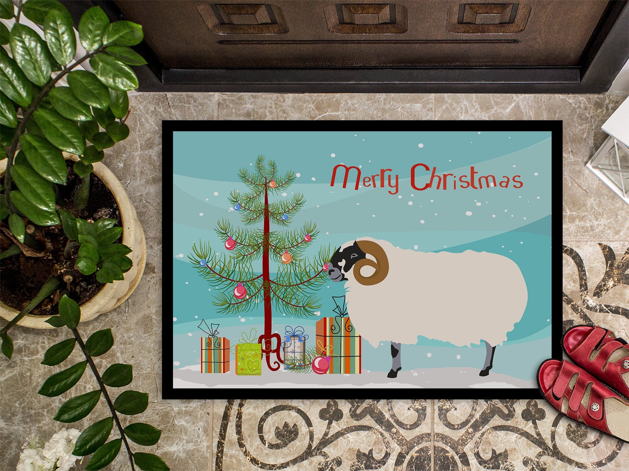 Scottish Blackface Sheep Christmas Doormat Indoor Outdoor 18H X 27W Front Door Mat Rugs for Entryway, Non Slip Washable