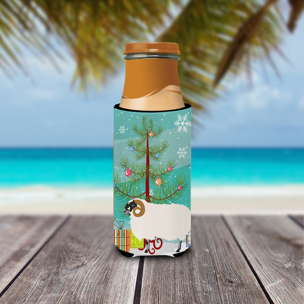 Scottish Blackface Sheep Christmas Slim Can Hugger , Insulated Foam Hugger for 12 oz Slim Cans, Beer Bottles & Water Bottles, Printed in USA