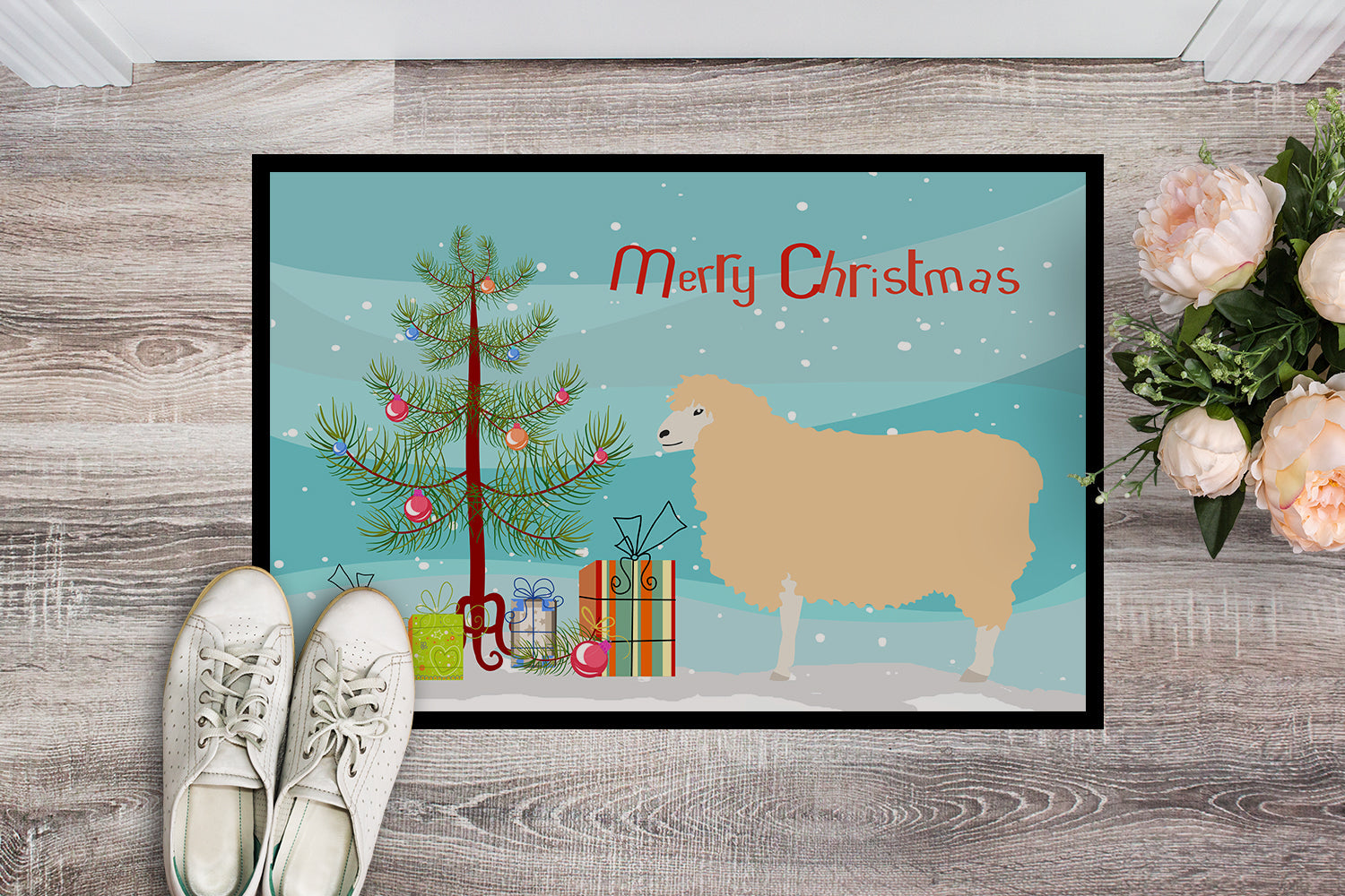 English Leicester Longwool Sheep Christmas Doormat Indoor Outdoor 24H X 36W Front Door Mat Rugs for Entryway, Non Slip Washable Low Pile,