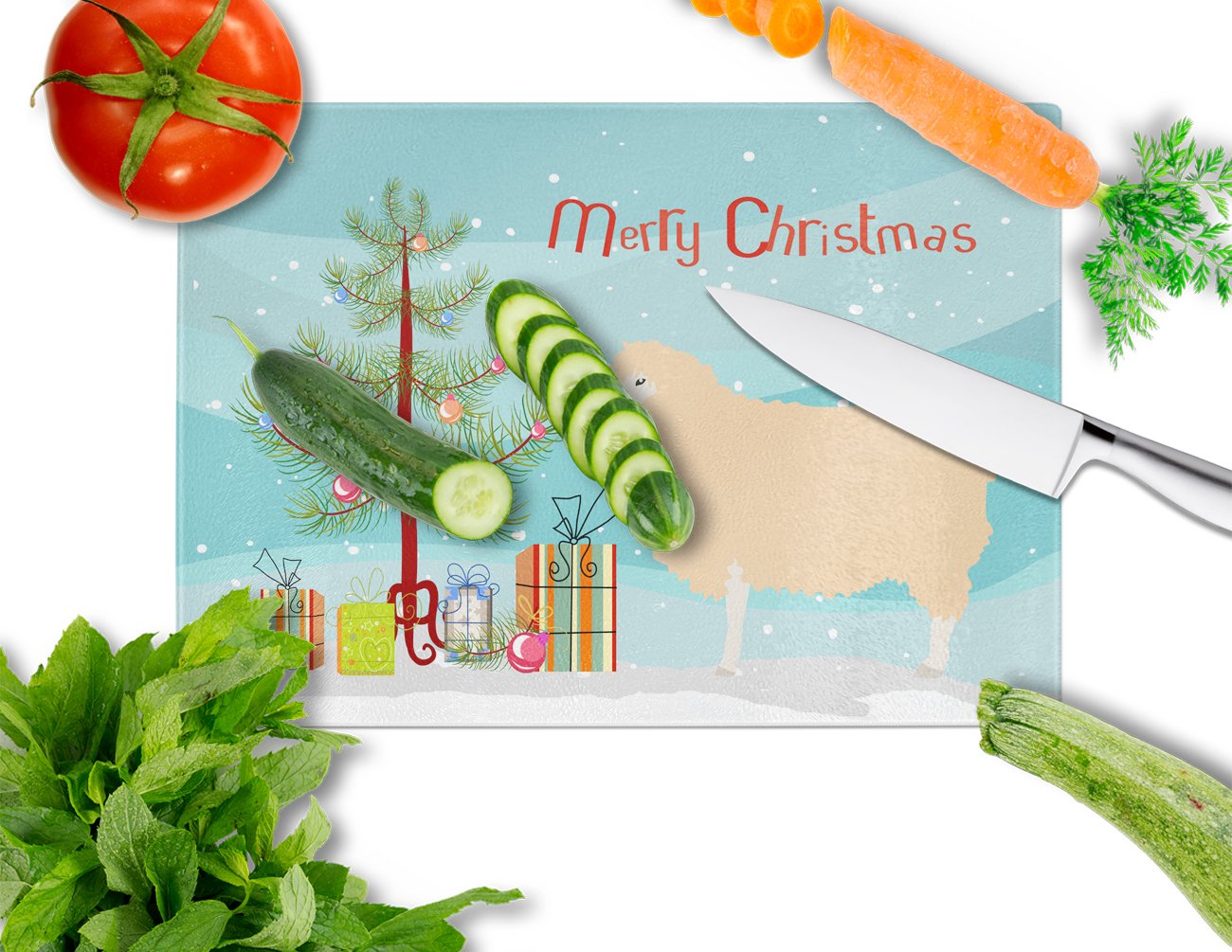 English Leicester Longwool Sheep Christmas Cutting Board Tempered Glass Kitchen Cutting Surface, Heat Resistant Chopping, Non-Slip Feet, Food Prep & Serving