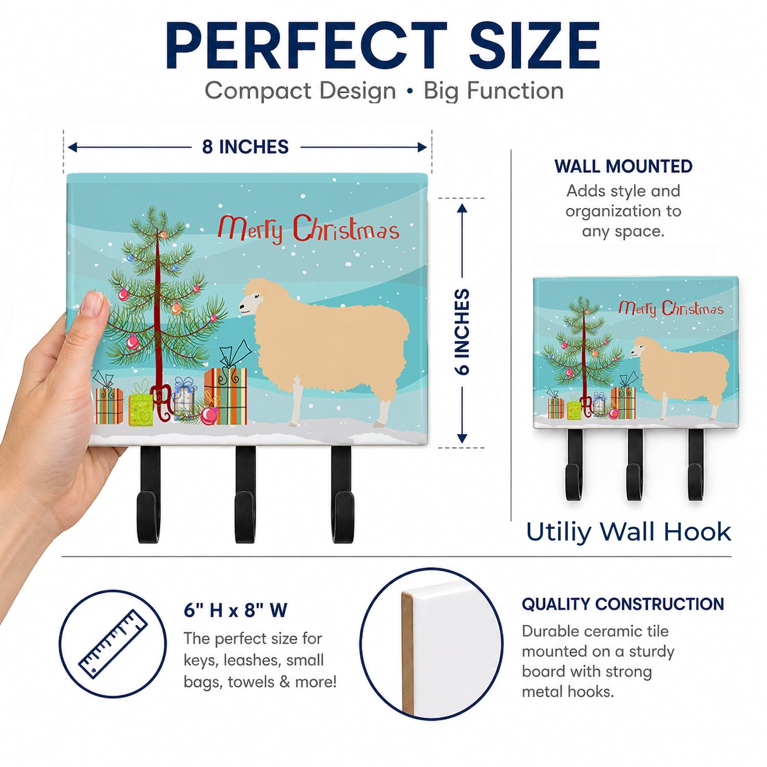 English Leicester Longwool Sheep Christmas Leash or Key Holder Wall Hooks, Coat Rack Wall Mount, for Hanging Keys, Towels, Aprons, Leashes