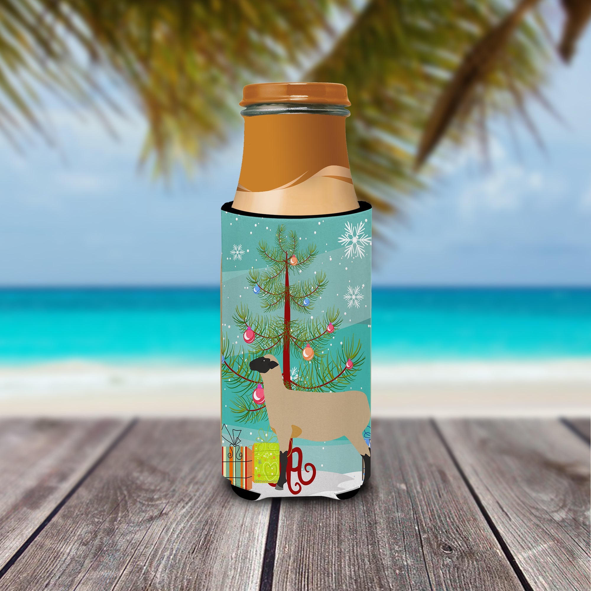 Hampshire Down Sheep Christmas Slim Can Hugger , Insulated Foam Hugger for 12 oz Slim Cans, Beer Bottles & Water Bottles, Printed in USA
