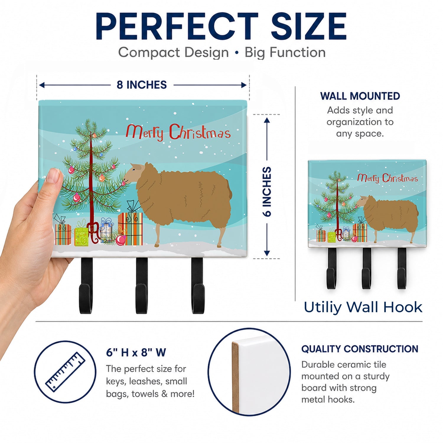 East Friesian Sheep Christmas Leash or Key Holder Wall Hooks, Coat Rack Wall Mount, for Hanging Keys, Towels, Aprons, Leashes