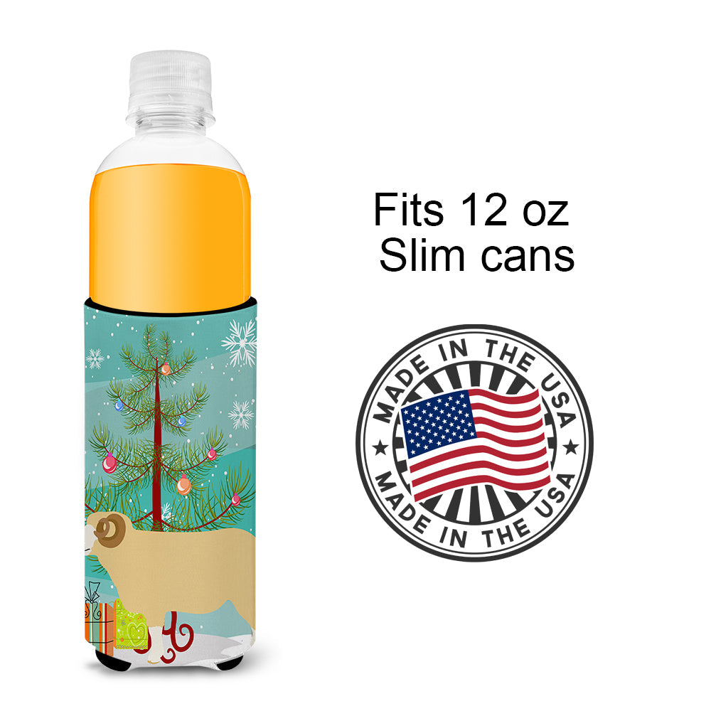 Horned Dorset Sheep Christmas Slim Can Hugger , Insulated Foam Hugger for 12 oz Slim Cans, Beer Bottles & Water Bottles, Printed in USA