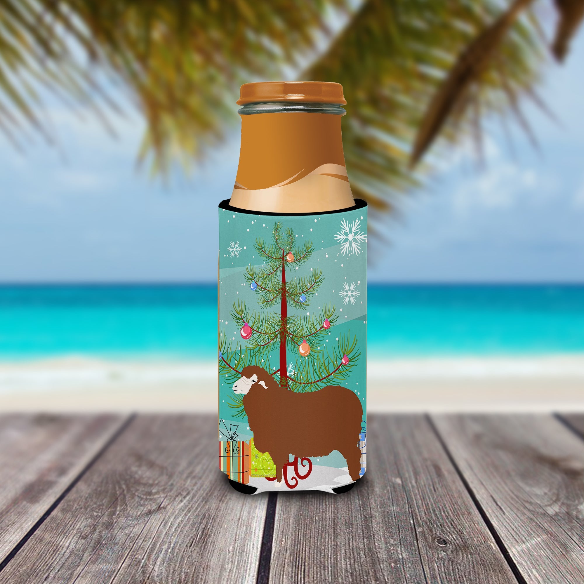 Merino Sheep Christmas Slim Can Hugger , Insulated Foam Hugger for 12 oz Slim Cans, Beer Bottles & Water Bottles, Printed in USA