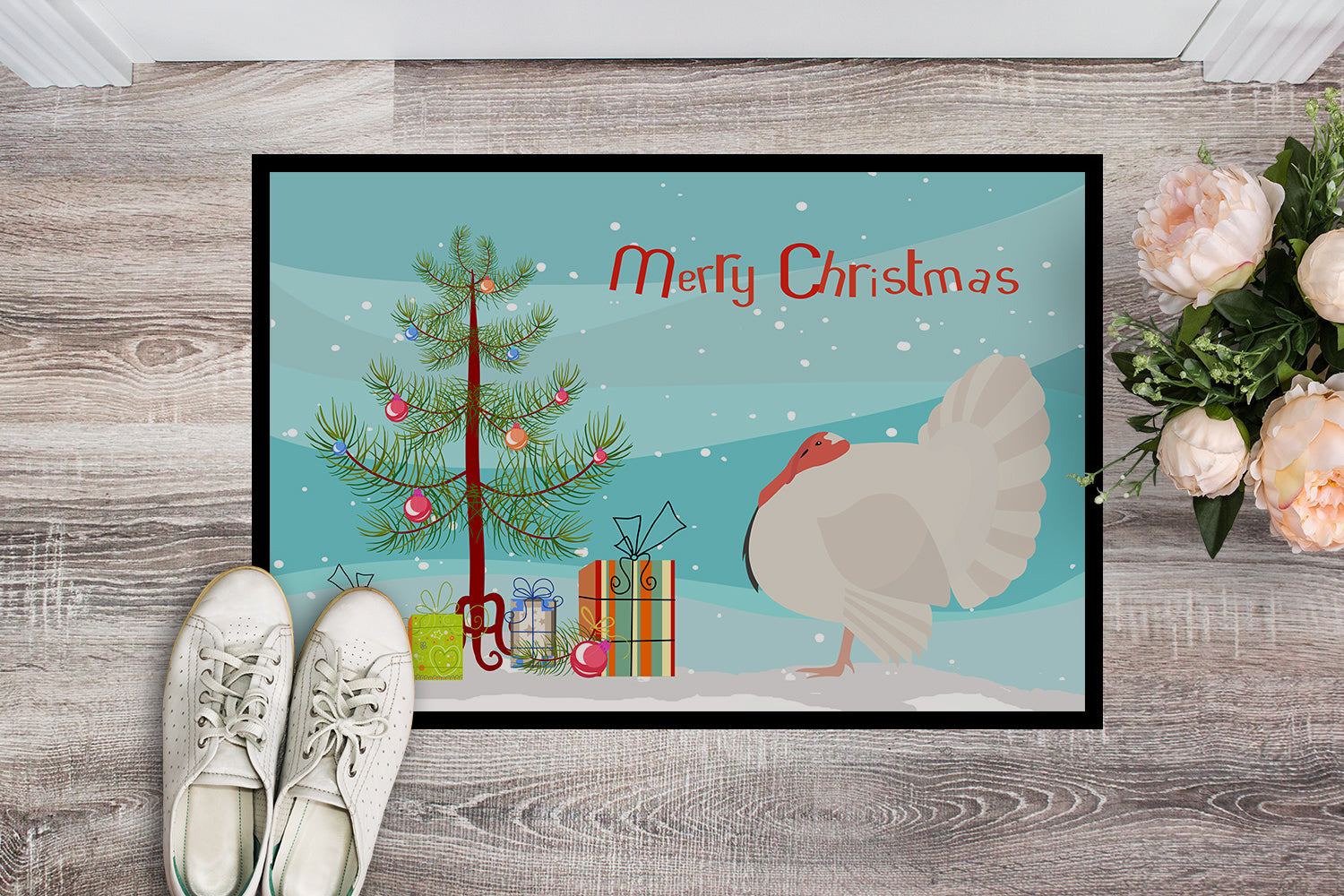 White Holland Turkey Christmas Doormat Indoor Outdoor 24H X 36W Front Door Mat Rugs for Entryway, Non Slip Washable Low Pile,
