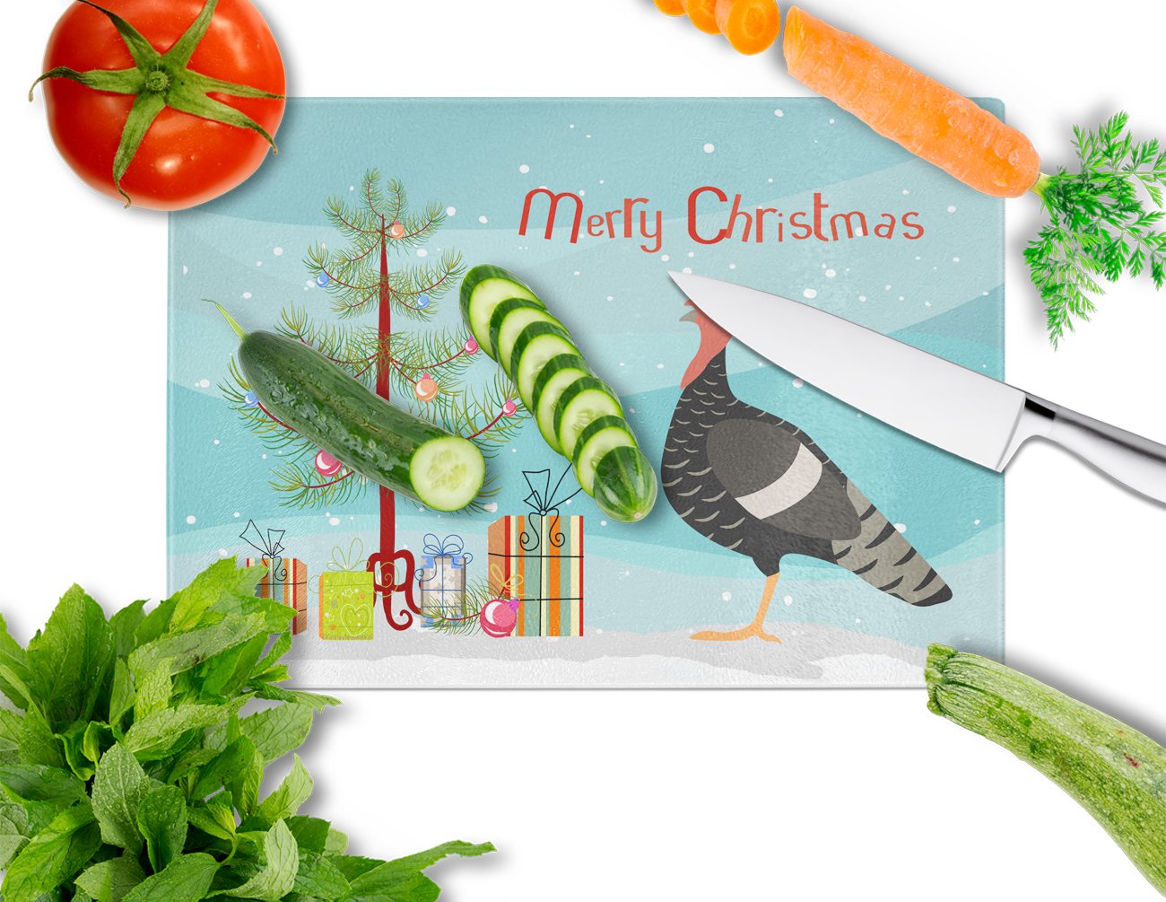 Marragansett Turkey Christmas Cutting Board Tempered Glass Kitchen Cutting Surface, Heat Resistant Chopping, Non-Slip Feet, Food Prep & Serving