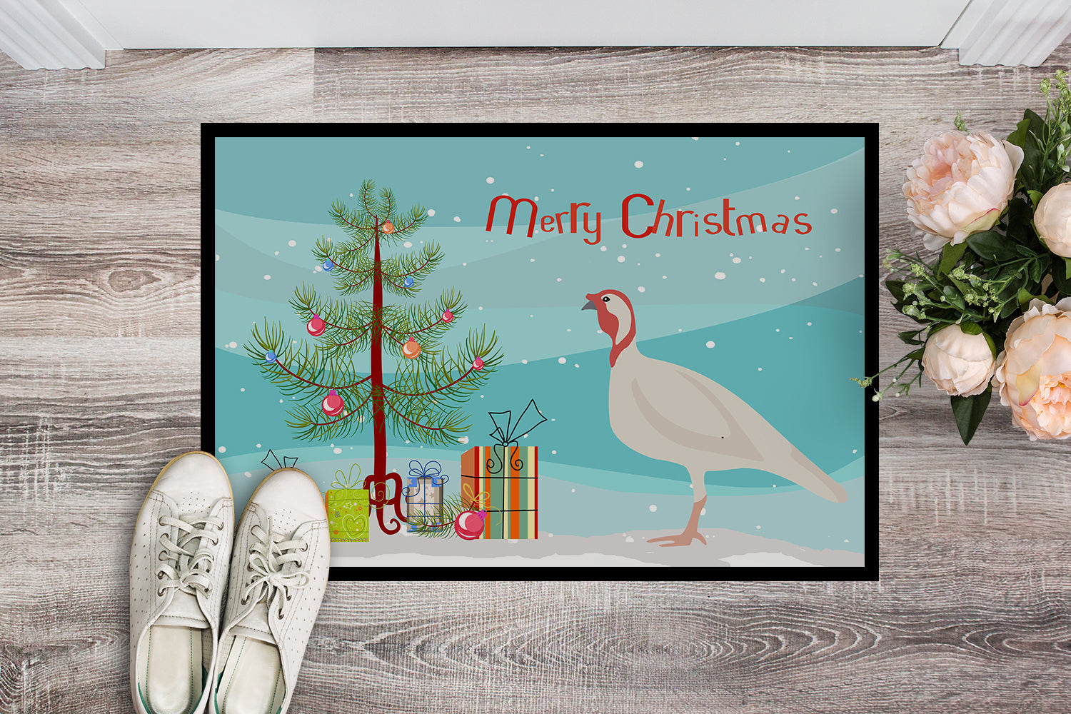 Beltsville Small White Turkey Hen Christmas Doormat Indoor Outdoor 18H X 27W Front Door Mat Rugs for Entryway, Non Slip Washable
