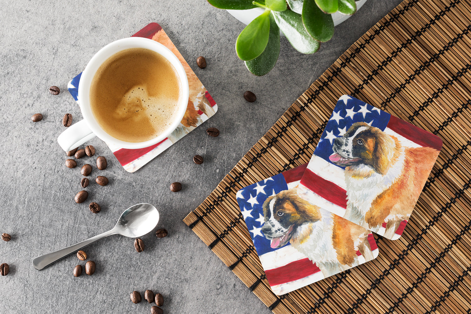 Saint Bernard Patriotic Foam Coasters Set of 4 Cup Coasters for Indoor Outdoor, Tabletop Protection, Anti Slip, Mouse pad Material