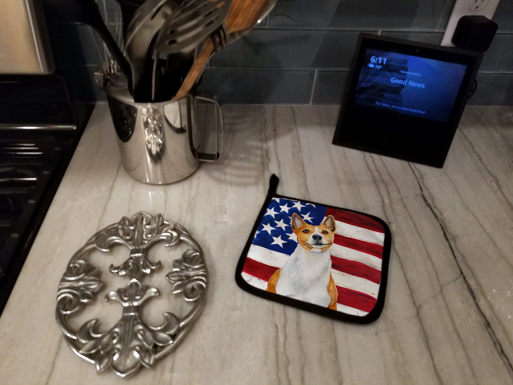 Basenji Patriotic Pot Holder Set of 2 Heat Resistant Quilted Hot Pads 7.5 x 7.5 Inch, Insulated Kitchen Trivets for Cooking & Baking