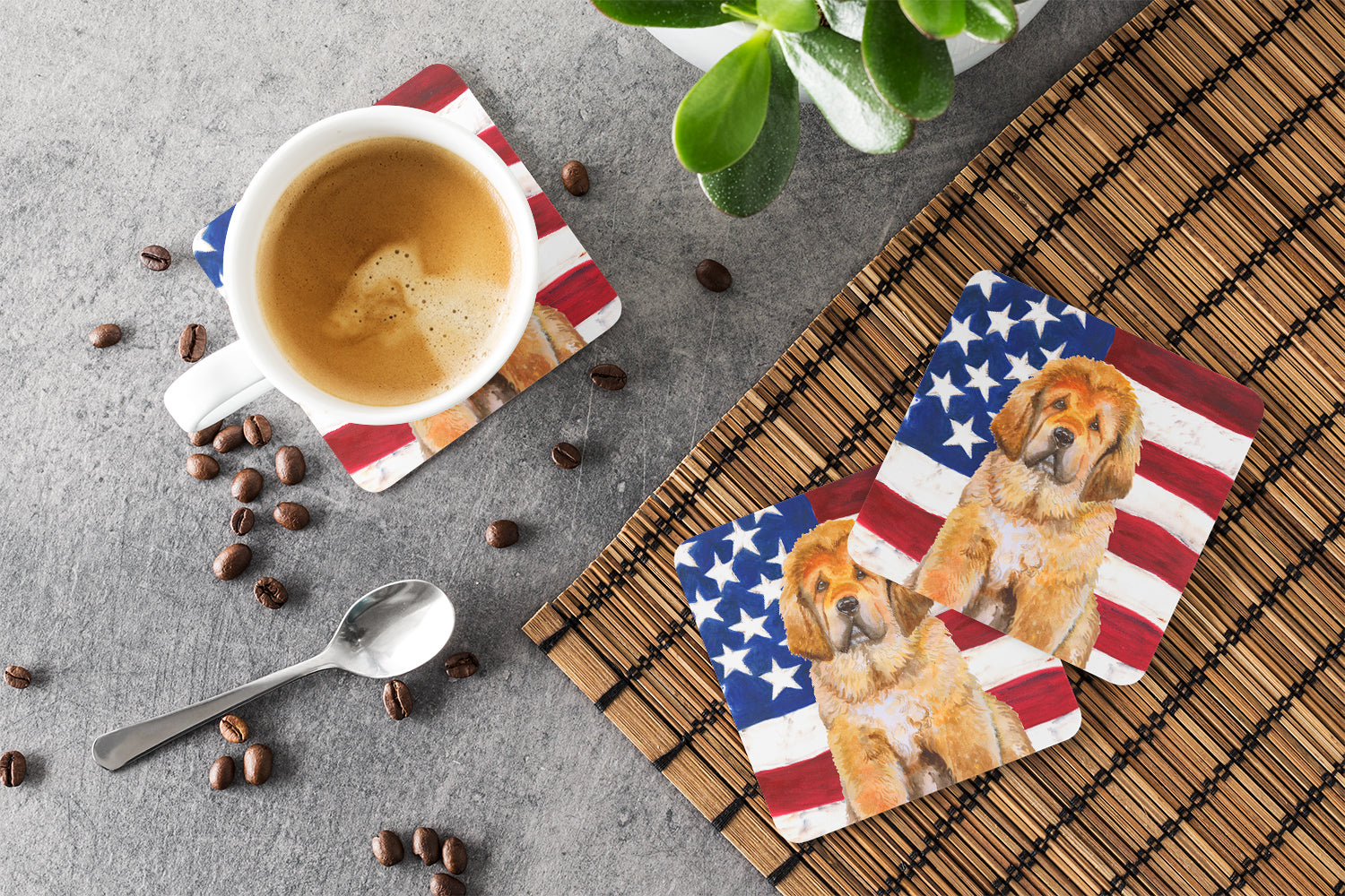 Tibetan Mastiff Patriotic Foam Coasters Set of 4 Cup Coasters for Indoor Outdoor, Tabletop Protection, Anti Slip, Mouse pad Material