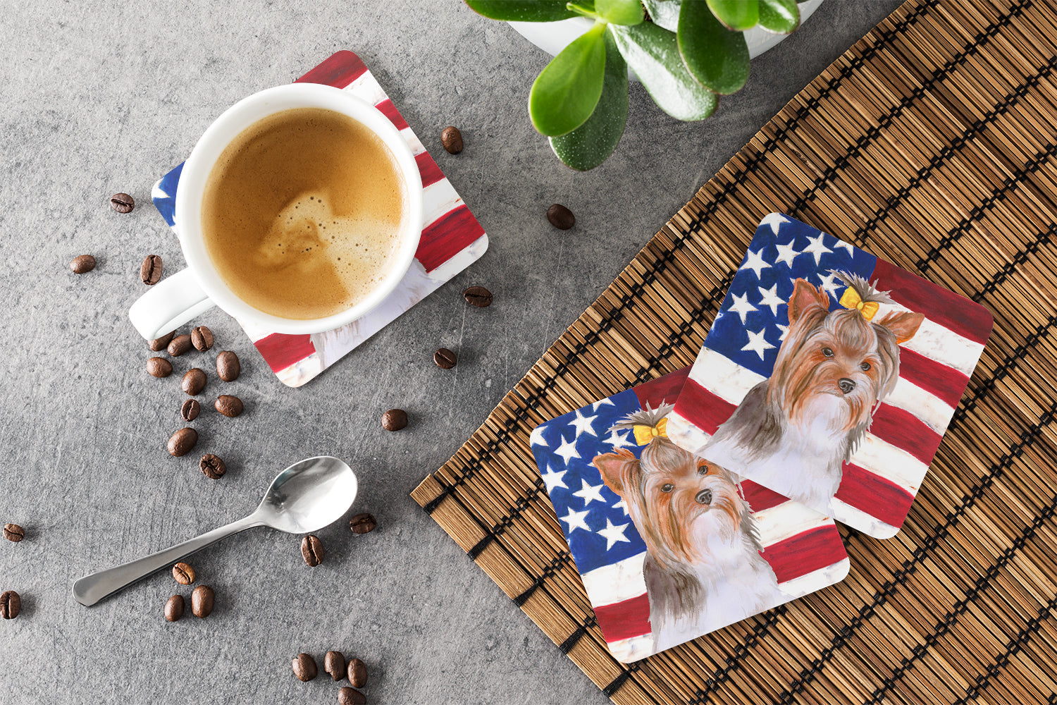 Yorkshire Terrier #2 Patriotic Foam Coasters Set of 4 Cup Coasters for Indoor Outdoor, Tabletop Protection, Anti Slip, Mouse pad Material