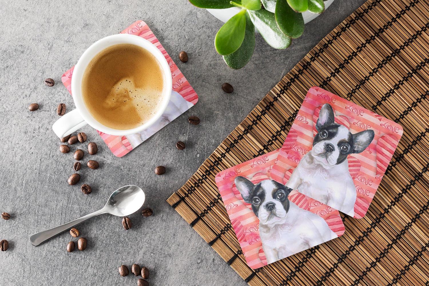 French Bulldog Black White Love Foam Coasters Set of 4 Cup Coasters for Indoor Outdoor, Tabletop Protection, Anti Slip, Mouse pad Material