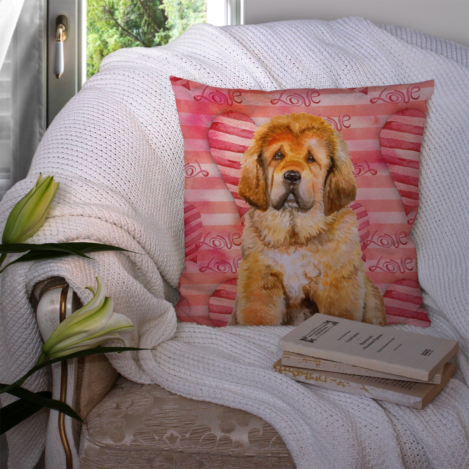 Tibetan Mastiff Love Decorative Throw Pillow 14x14 Indoor Outdoor Accent Cushion, Fabric Cover with Insert for Sofa, Bed, Porch & Living Room