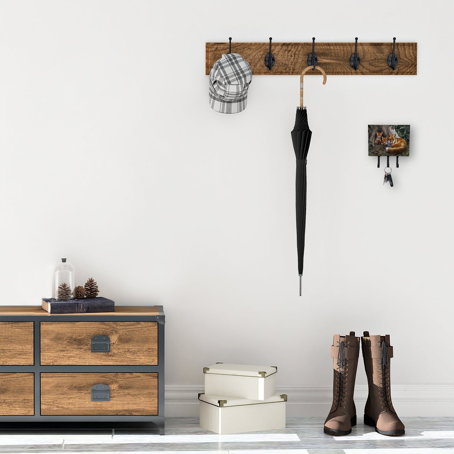 A Family of Foxes at Home Leash or Key Holder Wall Hooks, Coat Rack Wall Mount, for Hanging Keys, Towels, Aprons, Leashes