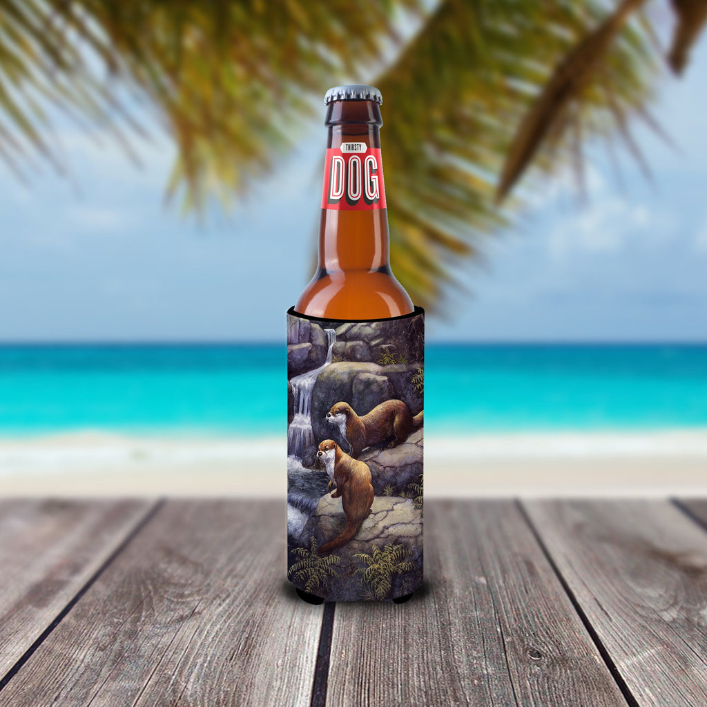 Otters by the Waterfall by Daphne Baxter Slim Can Hugger , Insulated Foam Hugger for 12 oz Slim Cans, Beer Bottles & Water Bottles, Printed in USA