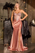 CLEARANCE - Ladivine C172 Fitted Plunging Neckline Rose Gold Formal Gown (Size 10)