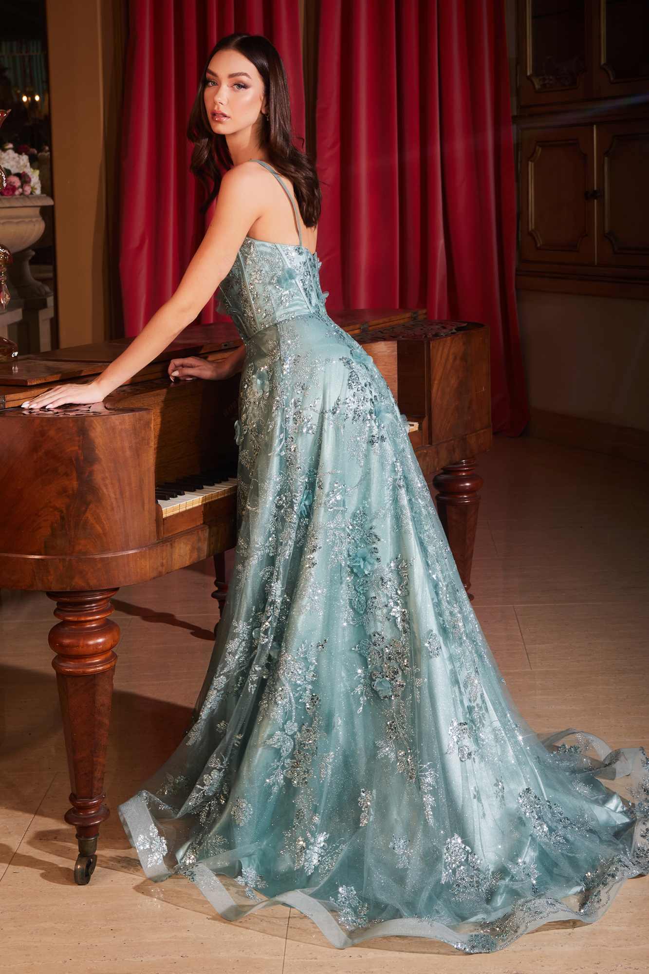 Ladivine CB144 Long Sequin Floral Printed A-Line Dress
