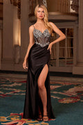 Ladivine CC408 Long Satin Fitted Gown Boned Embellished Bodice Slit