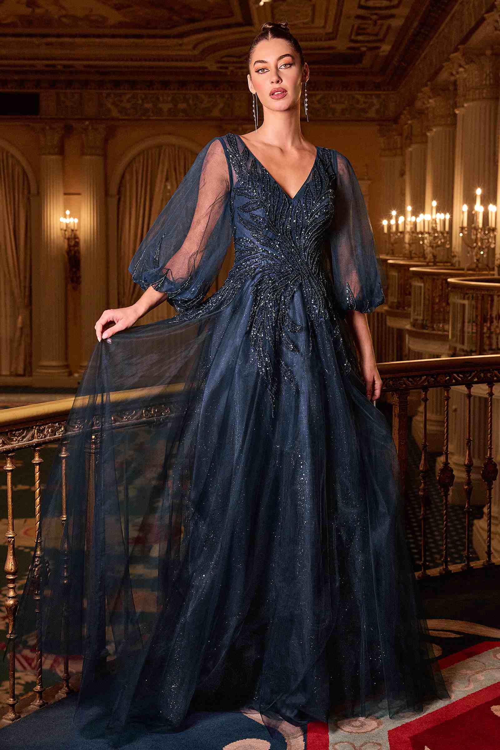 Ladivine CD0101 V-Neckline Long Sleeves Layered Tulle Skirt A-Line Gown