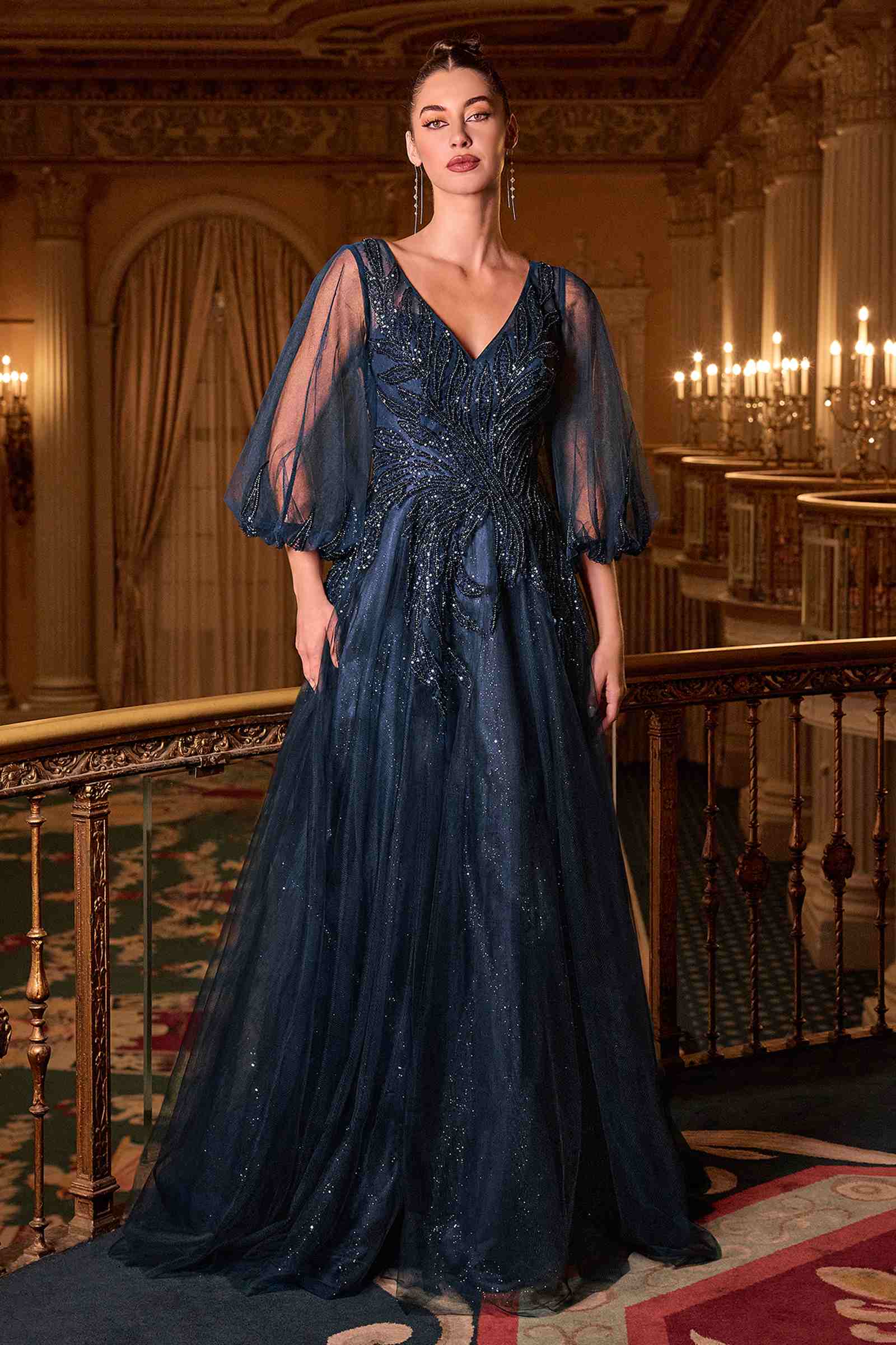 Ladivine CD0101 V-Neckline Long Sleeves Layered Tulle Skirt A-Line Gown