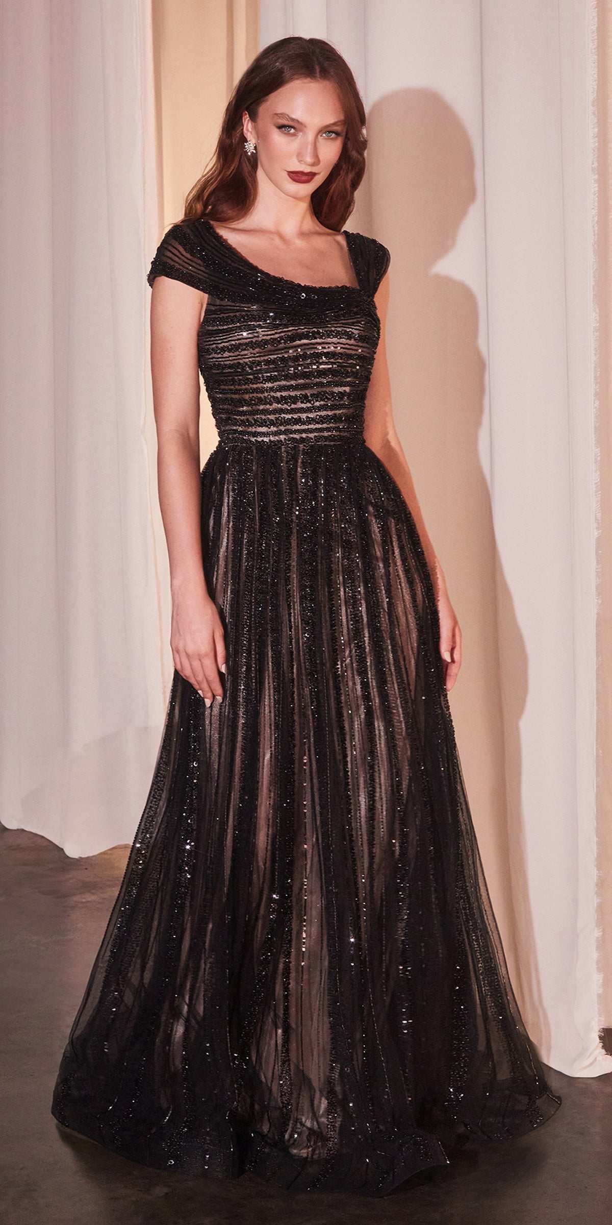 CLEARANCE - Ladivine CD0238 Off The Shoulder A-Line Beaded Black/Nude Gown (Size 10)