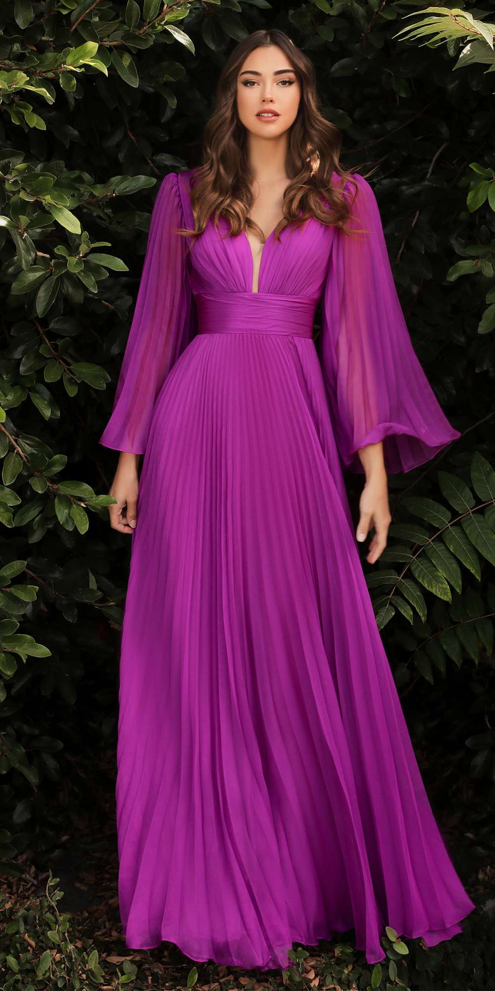 Cinderella Divine CD242 Pleated Chiffon Long Sleeve Gown
