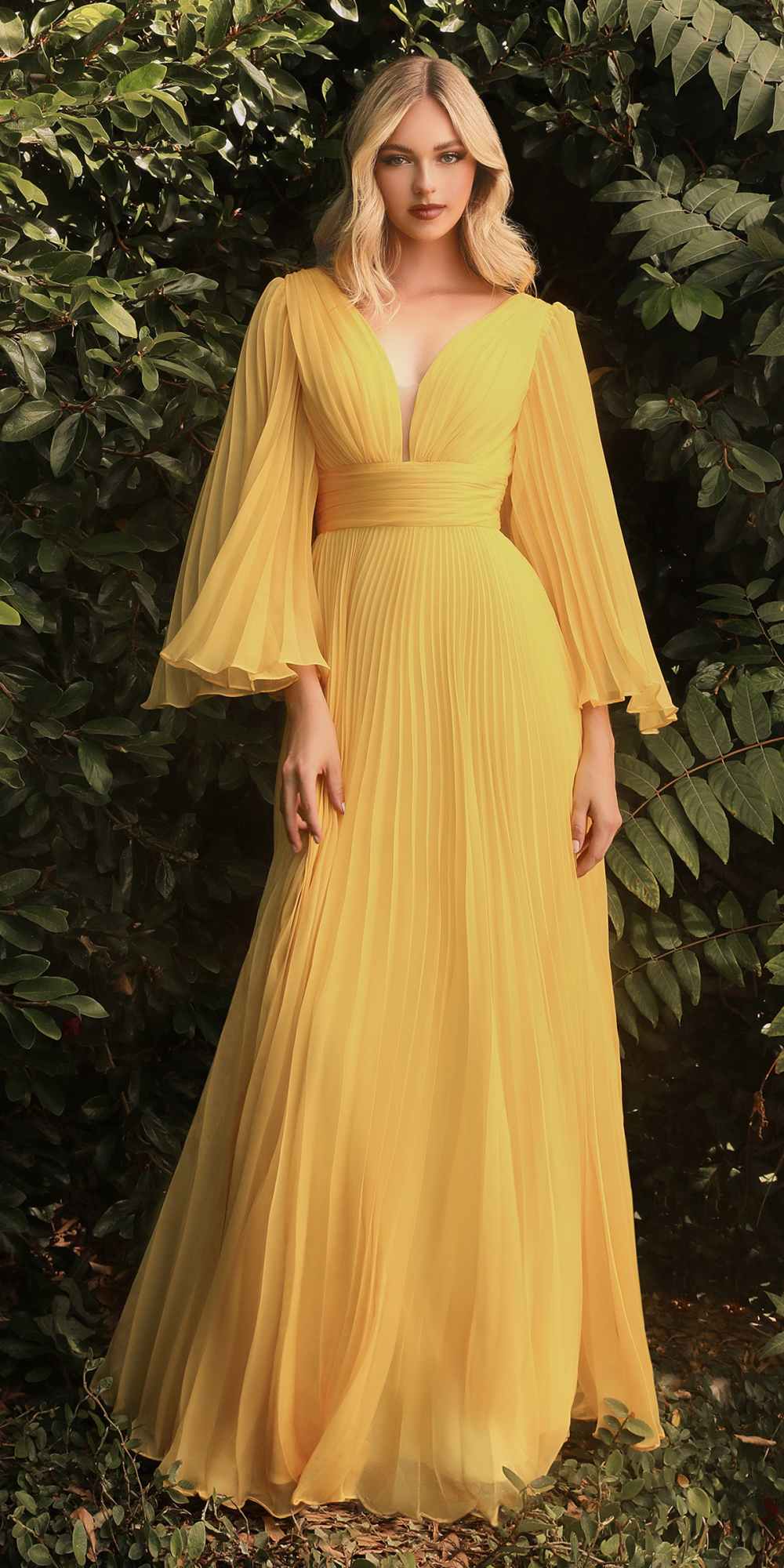 Cinderella Divine CD242 Pleated Chiffon Long Sleeve Gown