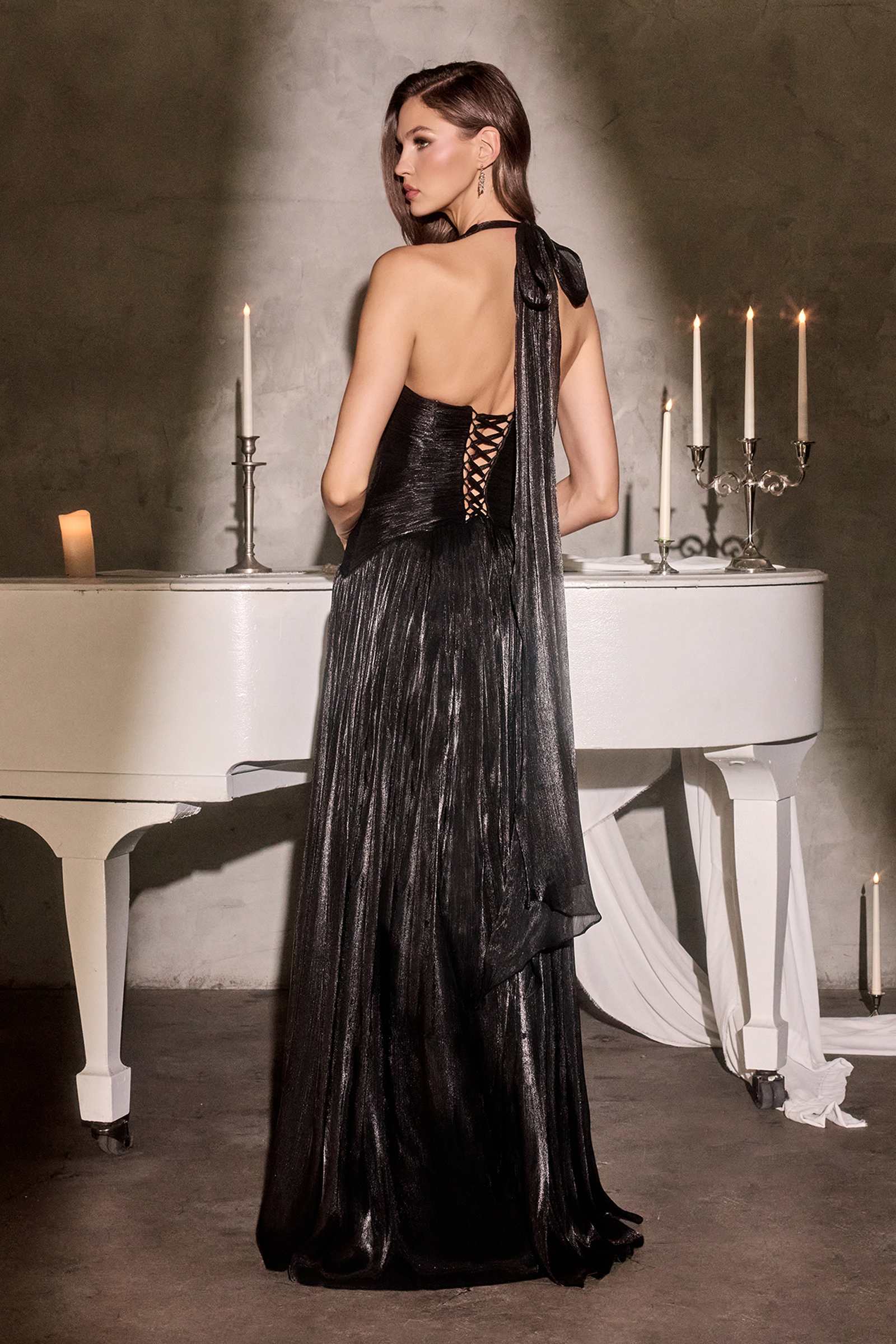CLEARANCE - Ladivine CD412 Plunging Halter Flowing A-Line Storm Blue Gown (Size 22)