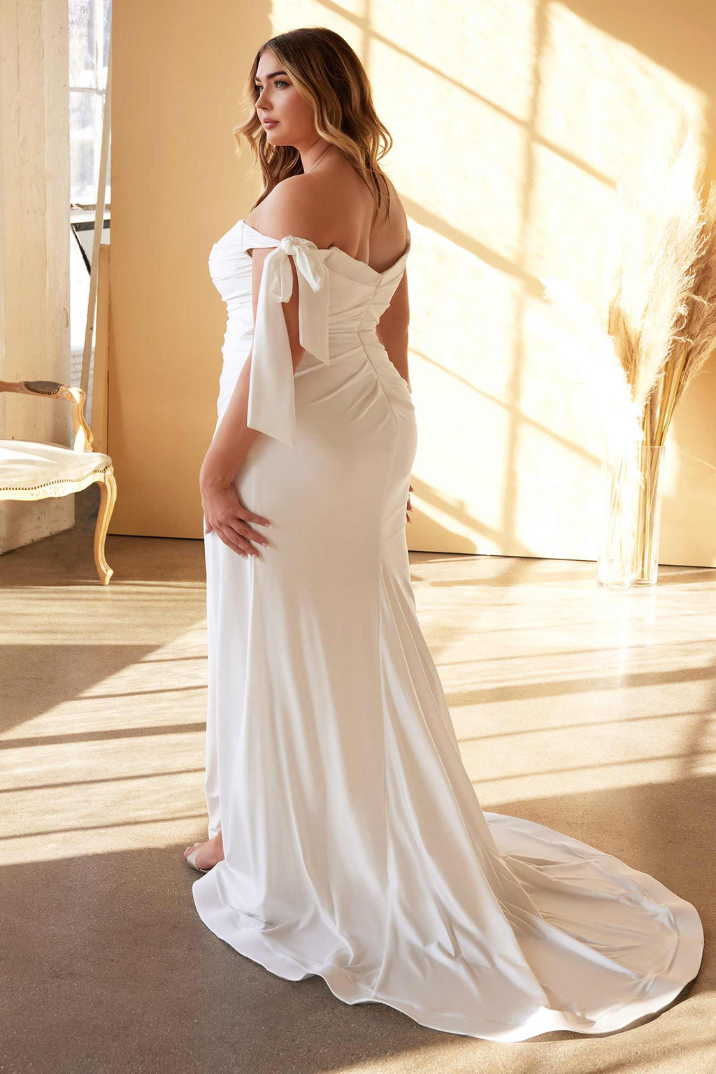 Cinderella Divine CD944WC Long Stretch Satin Gown Off The Shoulder Tie Sleeve